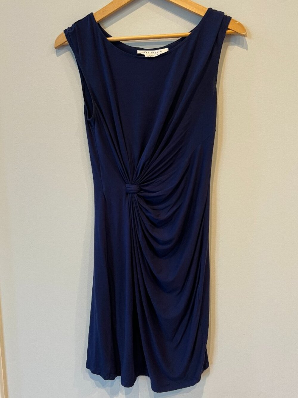 Max Studio Navy Blue Ruched Knot Draped Sleeveless Dress Medium